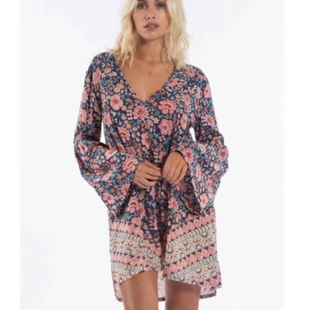 Billabong Basking Sun Boho Floral Dress Blue Pink Long Sleeve Beachy Size Medium